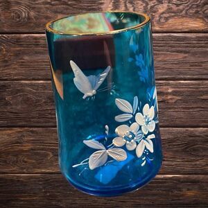 Blue Glass Paneled Tumbler Hand Painted and Gold Trim